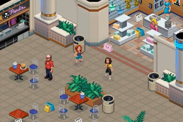 An image from a video game shows pixellated figures in a mall