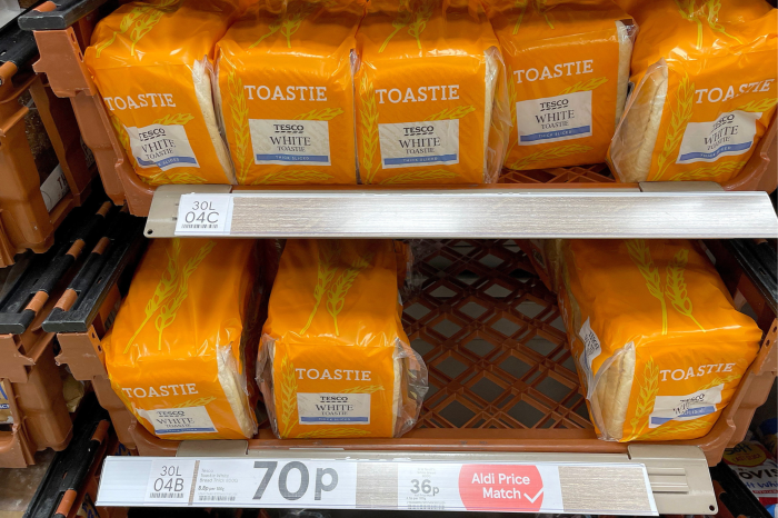 Loaves of white bread at a Tesco store in Northwich, Cheshire