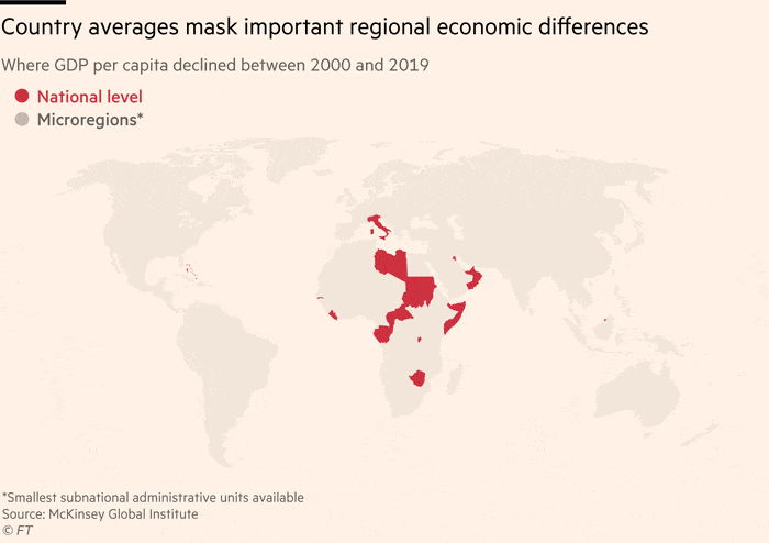 An animated map showing how country averages can deceive. At the national level, few countries experienced a decline in GDP per capita between 2000 and 2019 - but at the microregion level, many areas across the world did