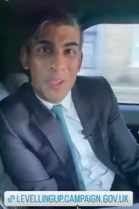 Rishi Sunak seat-beltless filming a promo for the allocation of levelling-up funding in his car